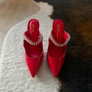 Olivia Quinn Red Patent Pointed-Toe Crystal Strap Mules